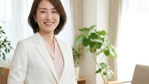 ウィリアムズ症候群の入浴ガイドについて紹介する両手を前で重ねて優しく微笑む女性アドバイザーの横長写真